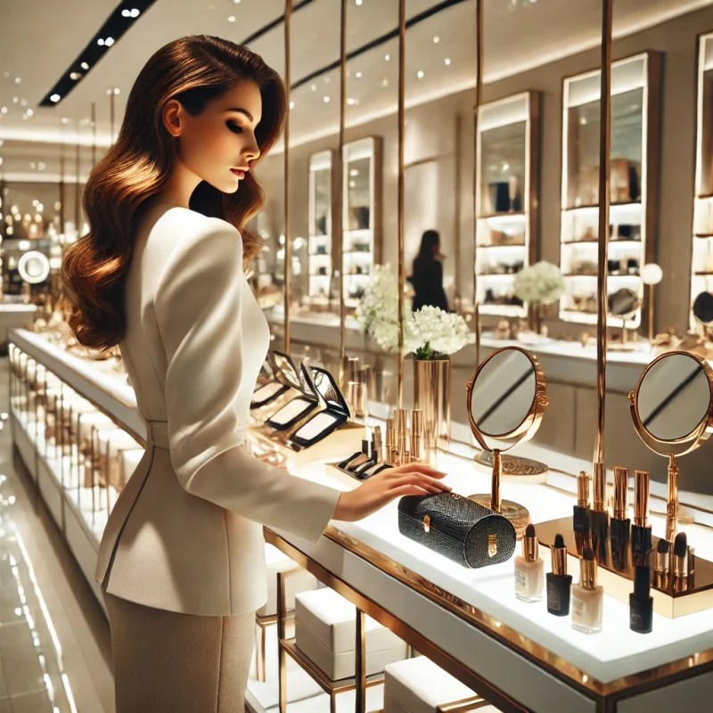 A stylish scene of a woman standing at a cosmetic counter in a high-end department store. The woman is elegantly dressed, examining beauty products such as skincare or makeup. The counter is well-organized, with luxurious cosmetics, mirrors, and lighting that highlights the products. The background shows a bright, modern space, with clean lines and a sophisticated atmosphere. The woman looks engaged and confident as she explores the products, embodying elegance and style in a chic retail setting.